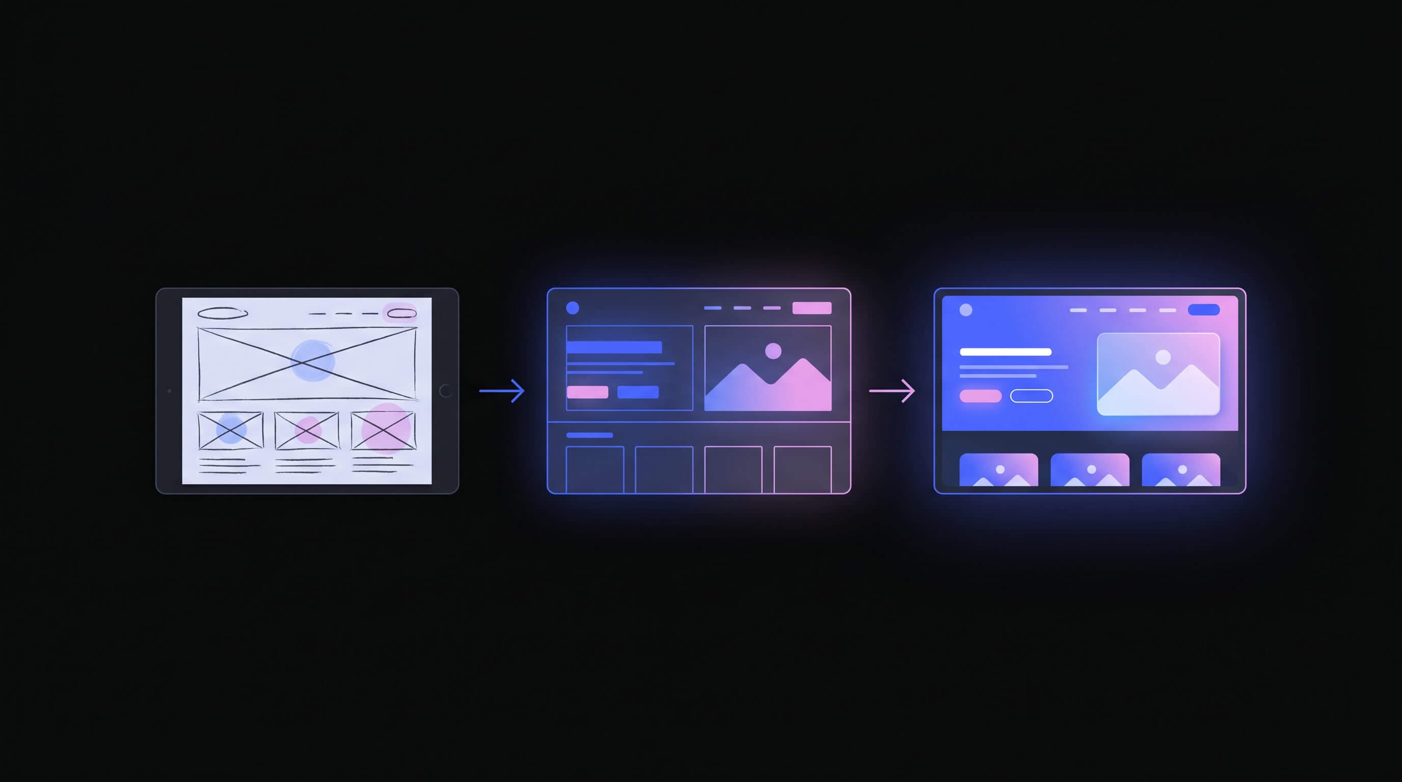 Dizajnér pracuje na redesignu webstránky — wireframy a farebná paleta na pracovnej ploche